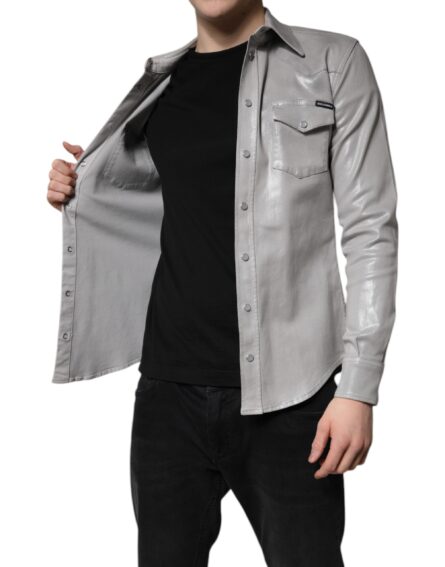 Metallic Gray Cotton Button Down Shirt - Image 6