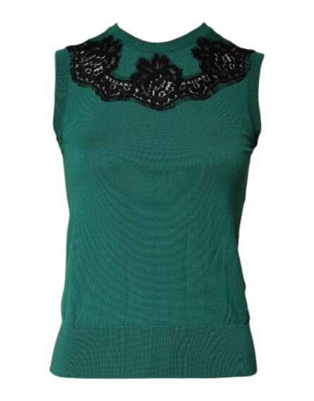 Green Wool Lace Detail Sleeveless Tank Top - Image 2