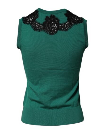 Green Wool Lace Detail Sleeveless Tank Top - Image 9