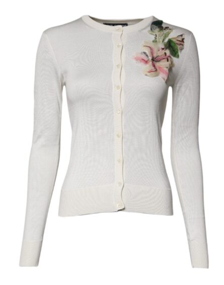 Cream Floral Silk Embellished Cardigan Sweater - Image 6