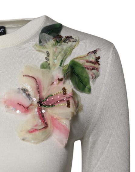 Cream Floral Silk Embellished Cardigan Sweater - Image 3