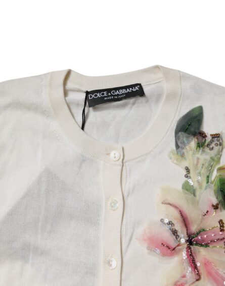 Cream Floral Silk Embellished Cardigan Sweater - Image 5