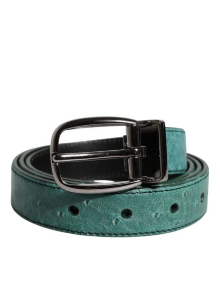 Green Leather Silver Tone Metal Buckle Belt - Image 2