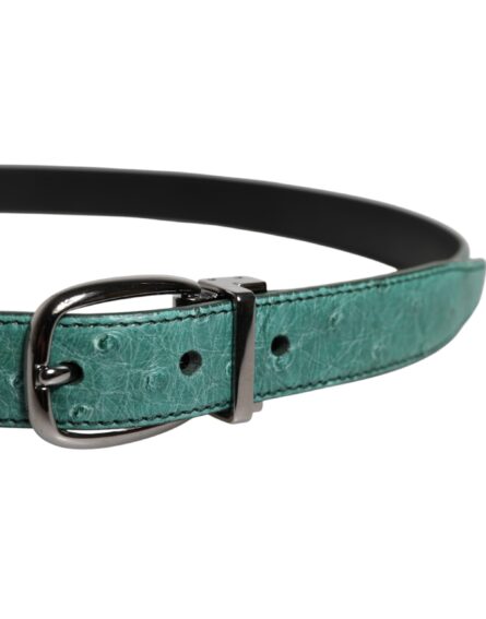 Green Leather Silver Tone Metal Buckle Belt - Image 4