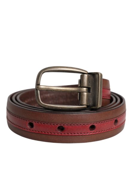 Burgundy Leather Metal Logo Buckle Belt - Image 7