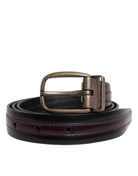 Black Burgundy Calfskin Metal Logo Buckle Belt - Image 8