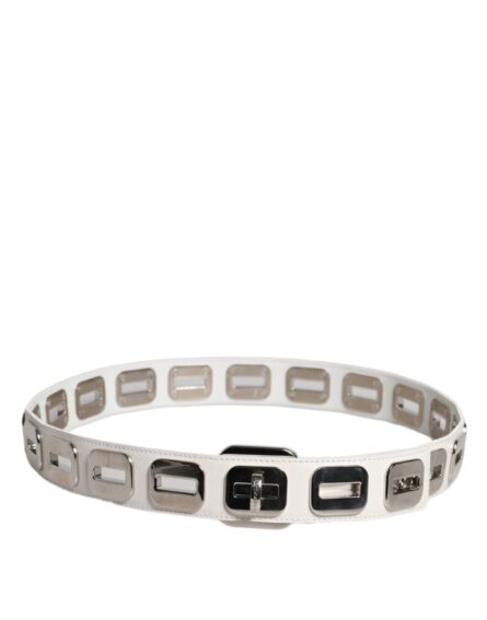 White Leather Gold Tone Rotating Buckle Belt - Image 3