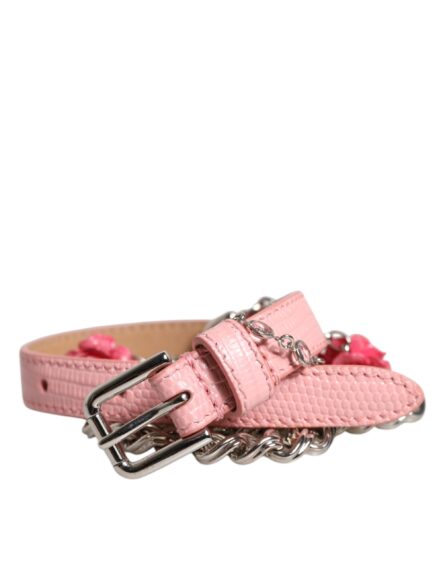 Pink Embelished Roses Textured Leather Belt - Image 7