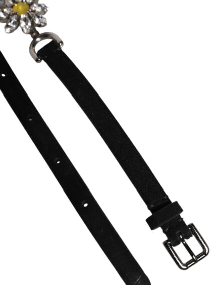 Black Leather Daisy Crystal Embellish Waist Belt - Image 7