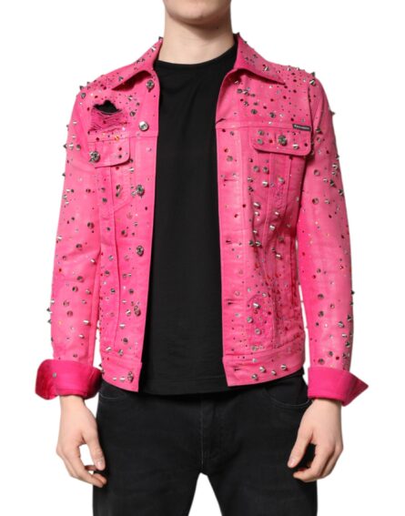 Pink Crystal Embellished Cotton Denim Jacket - Image 7
