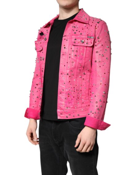 Pink Crystal Embellished Cotton Denim Jacket - Image 9