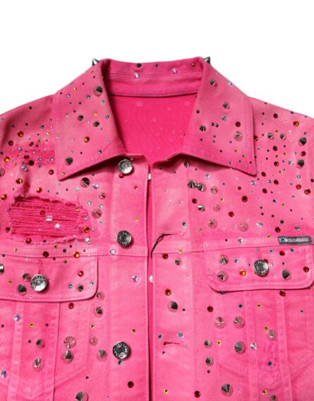 Pink Crystal Embellished Cotton Denim Jacket - Image 5