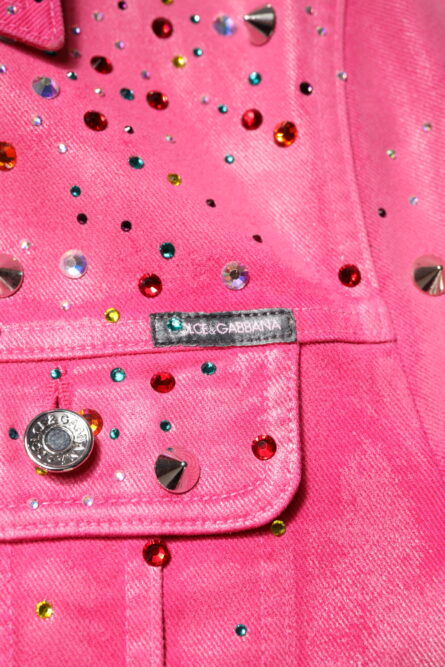 Pink Crystal Embellished Cotton Denim Jacket - Image 6