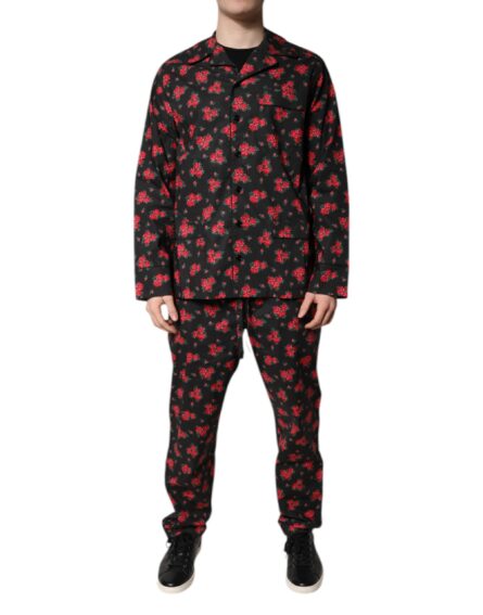 Black Floral Print Cotton Men Pajama Set Sleepwear - Image 2