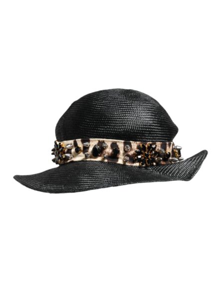 Black Straw Crystal Embellished Wide Brim Hat - Image 3