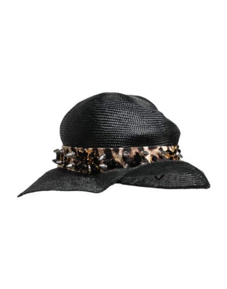Black Straw Crystal Embellished Wide Brim Hat - Image 4