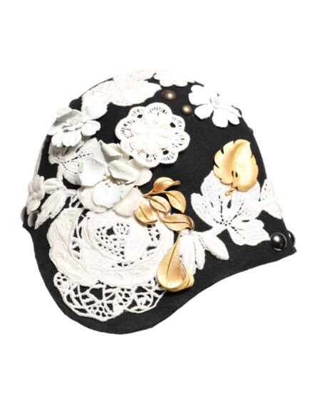 Black Wool White Floral Gold Leaf Cloche Hat - Image 2
