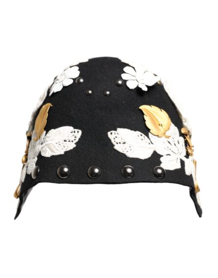 Black Wool White Floral Gold Leaf Cloche Hat - Image 3