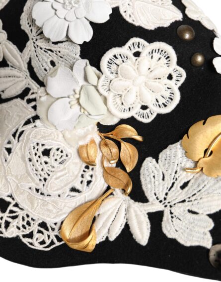 Black Wool White Floral Gold Leaf Cloche Hat - Image 7