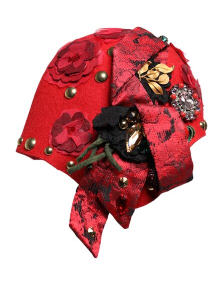 Red Crystal Gold Roses Brooch Embellished Hat - Image 3