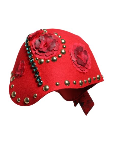 Red Crystal Gold Roses Brooch Embellished Hat - Image 4