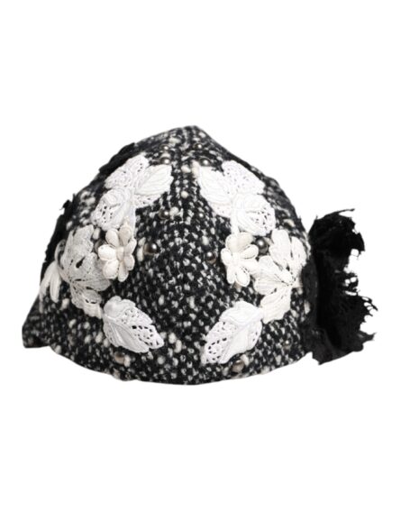 Black Wool White Floral Embellished Cloche Hat - Image 2