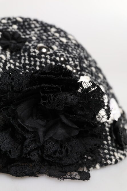 Black Wool White Floral Embellished Cloche Hat - Image 6