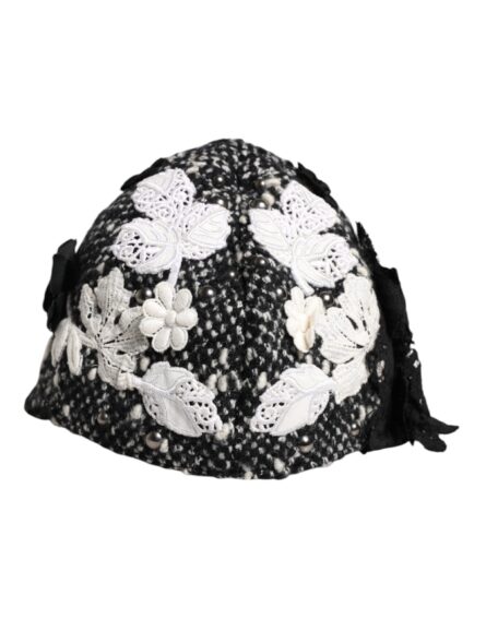 Black Wool White Floral Embellished Cloche Hat - Image 2