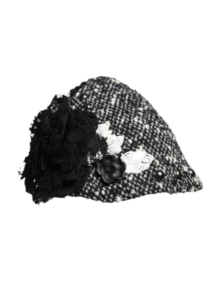 Black Wool White Floral Embellished Cloche Hat - Image 3