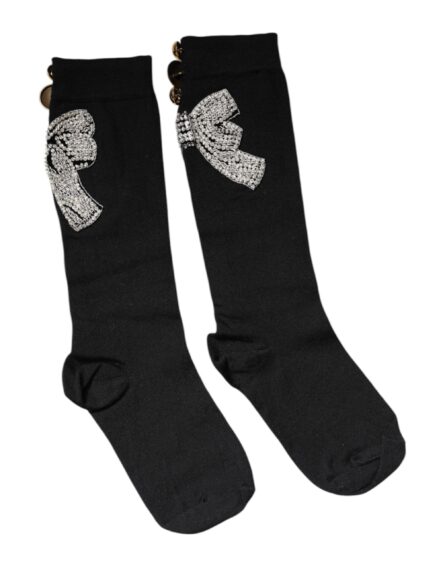 Black Knit Floral Crystal Embellishment Socks - Image 2