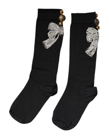 Black Knit Floral Crystal Embellishment Socks - Image 3
