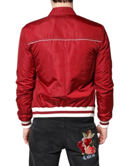 Red White Nylon Full Zip Men Bomber Jacket - Image 4