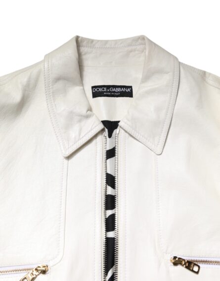 White Collared Full Zip Biker Coat Jacket - Image 5