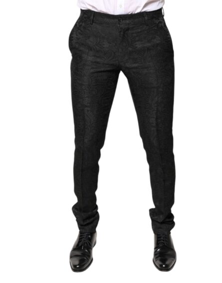 Black Floral Jacquard Mid Waist Dress Pants - Image 2