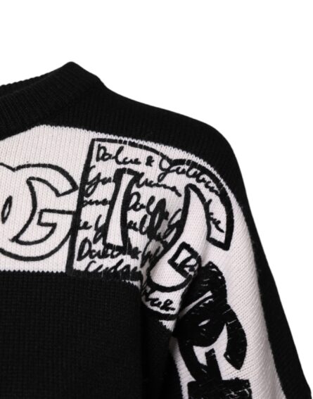 Black White Logo Print Wool Pullover Sweater - Image 3