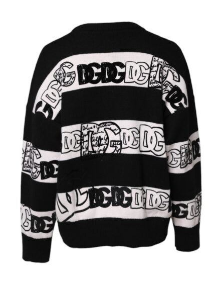 Black White Logo Print Wool Pullover Sweater - Image 4